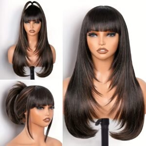 Glueless Long Straight Wig with Bangs - Heat Resistant Synthetic Hair, Natural Black Pixie Cut Layered Ponytail updo Wig, No Glue Needed, Put On & Go for Everyday, Parties, Photoshoots - Women's Hair Replacement, Wig Accessories, Party Accessory, Photoshoot Hairpiece, Elegant Hairstyle, Sophisticated Look, Photoshoot Hairstyle, Busy Professionals